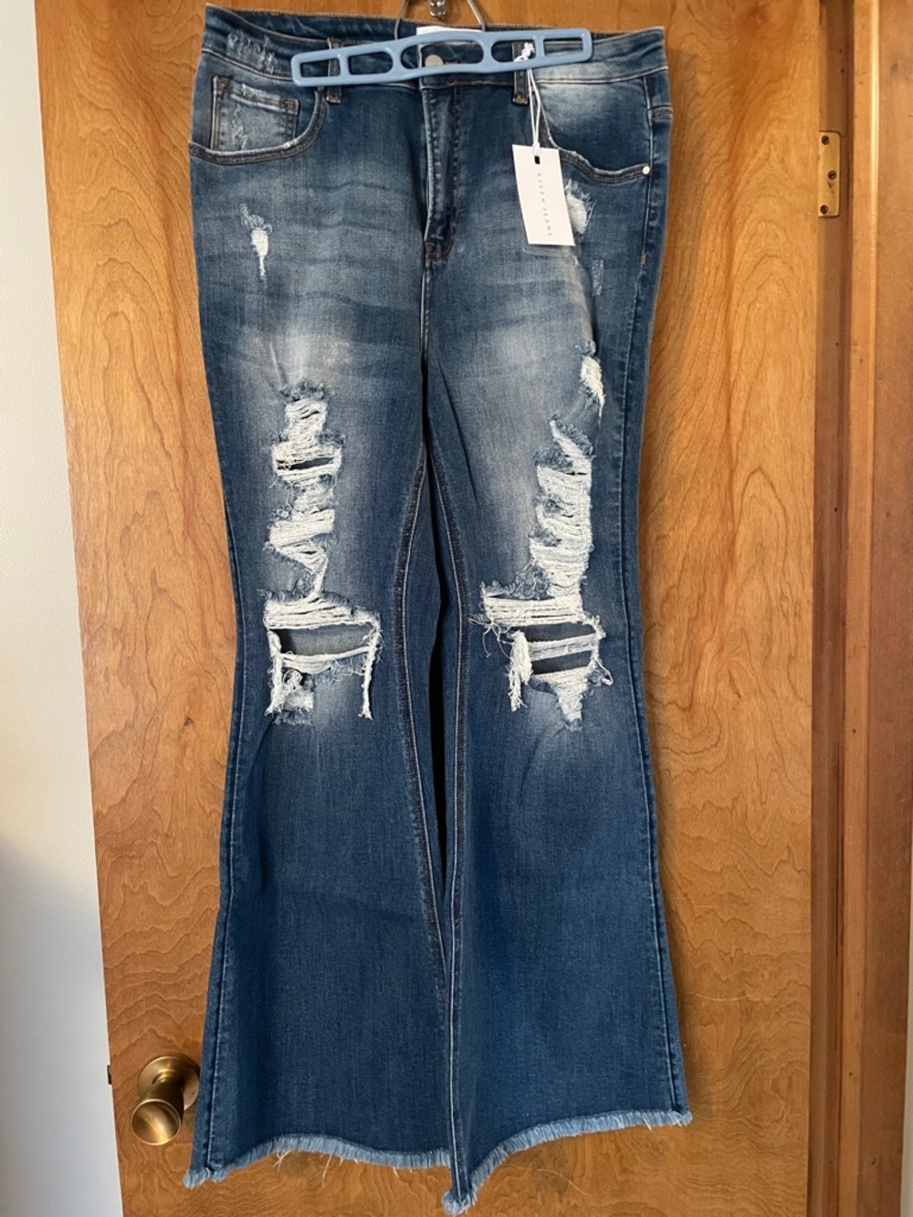 Risen Women's Distressed Flare Jeans in Medium Blue, 1XL